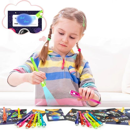 24 Pcs SInvisible Ink Pens with UV Light, Astronaut themed gift card & Goodie Bags,Valentine's Day Gifts, Detective Party Favors, Classroom Prizes, Escape Room Activities.