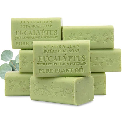 Australian Botanical Soap, 6.6 OZ, Eucalyptus, Lemon, Lime, and Petitgrain, Triple Milled Bars made with a Natural Soap Base and Enriched with Organic Shea Butter, Pack of 8