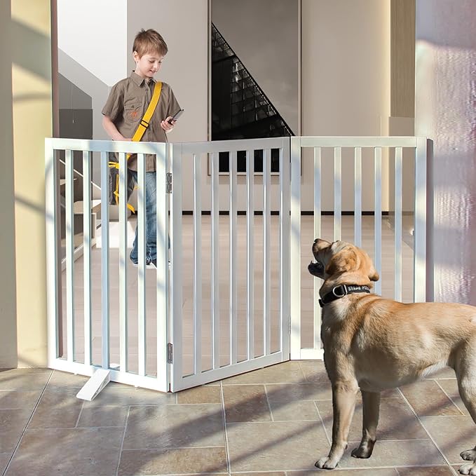Dog Gate Indoor, Freestanding Dog Fence for The House, Doorways, Hallways,or Stairs,Pet Gate Foldable Wooden,Expandable 32" Height 3 Panels,White