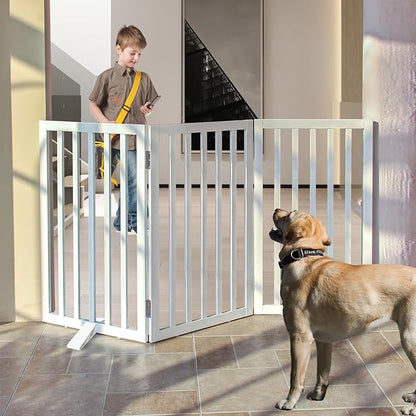 Dog Gate Indoor, Freestanding Dog Fence for The House, Doorways, Hallways,or Stairs,Pet Gate Foldable Wooden,Expandable 32" Height 3 Panels,White