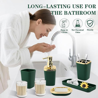 Dark Green Bathroom Accessories, 24 Pieces Green and Gold Bathroom Accessories Set with Shower Curtain, Bath Towels, Trash Can, Soap Dispenser and Soap Dish for Bathroom/Housewarming