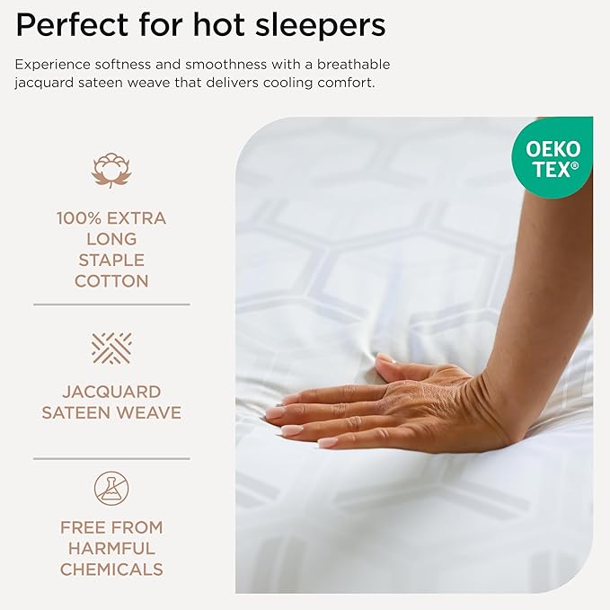 Threadmill 100% Cotton Sheets for Full Size Bed - 600 Thread Count Full Bed Sheets Set with 16” Deep Pocket - Jacquard Sateen Weave 4-Piece Bedding Set with Cooling Effect, White