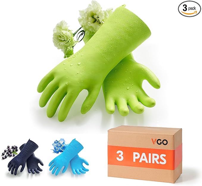 Vgo... 3 Pairs Household Cleaning Gloves Infused with Fresh Aromas, Long Sleeves Kitchen Gloves, Bathroom & Kitchen Cleaning, Gardening & Pet Care (3 Colors, L, TP1117)