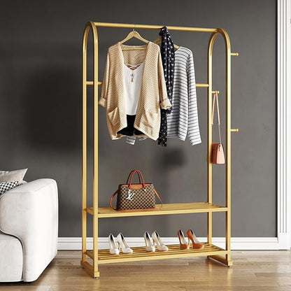 Gold clothing rack,Heavy duty clothes rack with shelves,Metal garment rack for hanging clothes,Wardrobe rack for Boutique, Retail or Home