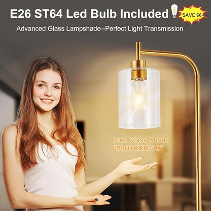 DLLT Floor Lamp Tall for Room: Gold Standing Lamp with Clear Glass Lampshade for Living Room - Modern Bright Lamp for Bedroom - Industrial Corner Floor Lamps for Office 8W Led Bulb Included