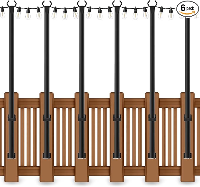5 Ft String Light Poles 6 Pack, String Light Poles for Outside with Fixing Clips,Hanging Light Poles for Deck Fence Garden Backyard Wall Bistro,Metal Poles for Outdoor String Lights