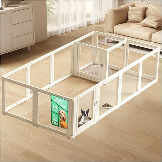 Transparent 14-Panel Dog Playpen, Acrylic Indoor/Outdoor Puppy Pen for Small & Medium Dogs, 24 Inch with Door, White(Fully Transparent 97 * 50 Two Rooms,24 inch)