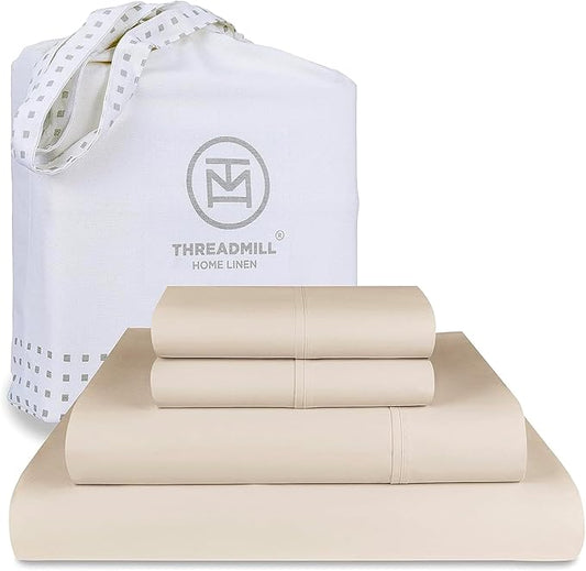 Threadmill Luxury Supima Cotton Sheets, Luxury 1200 Thread Count Soft 100% Cotton Sheets for Queen Size Bed, 4 Pc Beige Bed Sheets Queen Set, 5-Star Hotel Quality Deep Pocket Bed Sheets Set