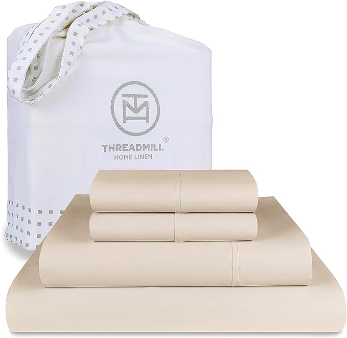 Threadmill Supima Cotton Sheets - 1200 Thread Count, 100% Cotton, Cal King Size, 4 Pc Beige Set, 5-Star Hotel Quality with Elasticized Deep Pocket