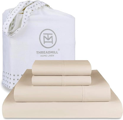 Threadmill Supima Cotton Sheets - 1200 Thread Count, 100% Cotton, Cal King Size, 4 Pc Beige Set, 5-Star Hotel Quality with Elasticized Deep Pocket