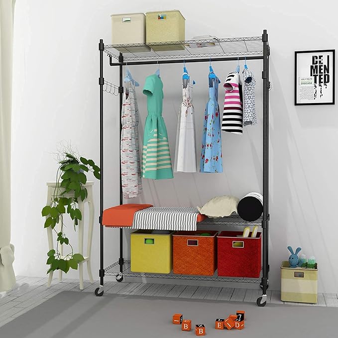 Rolling Garment Rack with Adjustable Wire Shelf, 3 Tired Clothes Rack including 1 Clothes Hanging Bar, 1 Roating Hanger Hooks - Hold Up to 400Lbs (Black, 1Rod 1Hook)