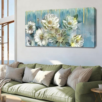 Ardemy Floral Canvas Wall Art Large Magnolia White Flowers Pictures Wall Decor Teal Textured Paintings Modern Turquoise Artwork for Living Room Bedroom Dinning Room Home Office, 48"x24"