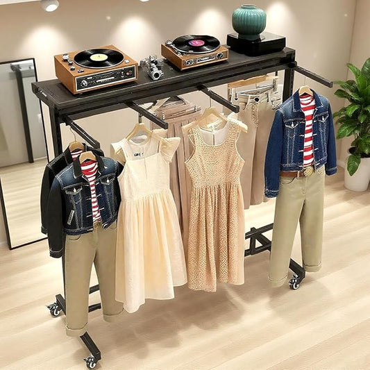 VITNSVILEBlack Clothing Racks with Removable 6/8 Arms Floor Standing Metal Garment Rack with Wheels Heavy Retail Display Racks Shirt Clothes Display Stand for Boutiques (47.2 * 19.6 * 61.02in)