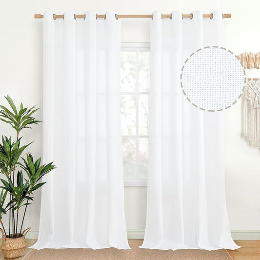 YoungsTex White Linen Curtains 102 Inches Long for Living Room Light Filtering Floor Length Drapes with Bronze Grommet for Bedroom Dining Room Country, 52 x 102 Inch, 2 Panels