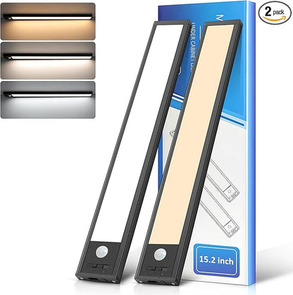 Ascher 15.2inch Under Cabinet Lights, 3000mAh Rechargeable Motion Sensor Light Indoor, 3 Color Temperatures & Stepless Dimmable Closet Lights, Magnetic Under Counter Light for Kitchen, Black - 2 Pack