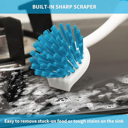 Dish Brush with Handle, 2 Pack Scrub Brushes with Built-in Scraper for Cleaning Kitchen, Pots, Pans and Sink, Scrubber Washing Tools, Blue