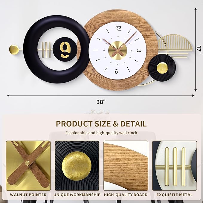38x17 Inches Wall Clock Battery Operated Silent Non-Ticking, Modern Large Decorative Analog Clocks for Living Room, Bedroom, Apartment - Abstract Art Home & Office Decor, Easy to Read