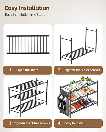 Bamboo Shoe Rack for Closet Small Wooden Shoe Organizer with Pouch, Sturdy Wood Shoe Shelf for Front Door Entrance Entryway and Outdoor, 26 inch Wide (Black, 3-Tier)
