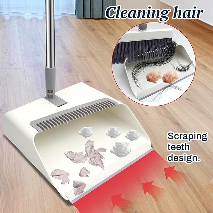 Long-Handled Broom and Dustpan Set, Windproof Broom Combination, 180-degree Rotating Brush Head with Upright Dustpan, Suitable for Indoor and Outdoor Cleaning. (White)