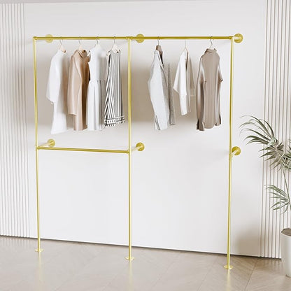 Industrial Pipe Clothing Rack, Heavy Duty Wall Mounted Clothes Rack,Retail Display Hanging Garment Rod for Laundry Rooms, Closet Storage, 14.6x75x82.7 Inches, Model K08 Gold