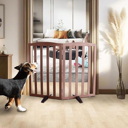 ZJSF Foldable Freestanding Indoor Dog Gate for House Wood Long Pet Gates Dog Fence for Stairs Puppy Gates for Hallways, Puppy Gate,Support Feet Included, Brown, 32 "Height-2 Panels