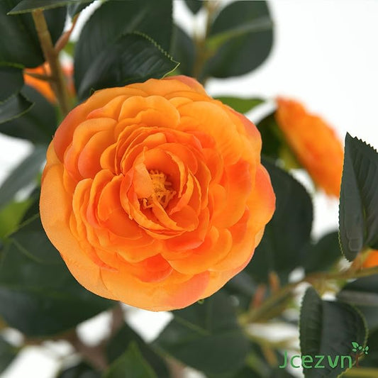 2 Pack Artificial Camellia Tree with White Pot, 38" Faux Potted Plants for Indoor Outdoor Decor, Tall Silk Greenery Plant for Home Office Living Room Balcony, Orange
