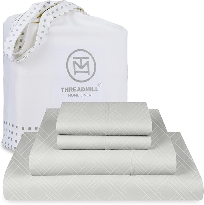 Threadmill Queen Sheet Set for Queen Mattresses | 800 Thread Count Jacquard Celine Light Grey | Better Than Egyptian Cotton | 4 Pc Bed Sheets | Elasticized Deep Pocket | 100% Cotton Queen Sheets