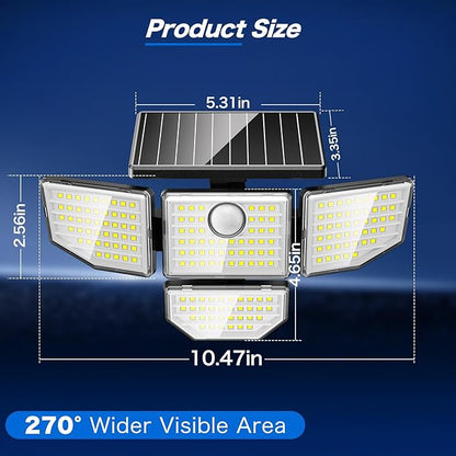 3000LM Solar Outdoor Lights - 2Packs 188 LED Security Lights with Remote Control, 4 Heads Motion Sensor Lights, IP65 Waterproof 270° Wide Angle Flood Wall Lights for Home Darkroom Backyard