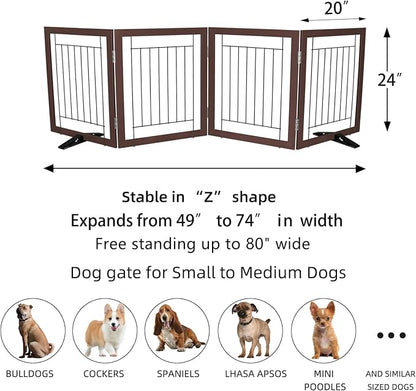 ZJSF Freestanding Dog Gate Indoor, Foldable Dog Fence for Doorways,Hallways or Stairs, Sturdy Wood Extra Wide Pet Gate with Support Feet,Brown,24 "Height-4 Panels