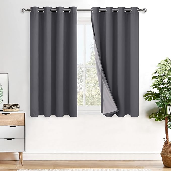 XWZO 100% Blackout Curtains 45 Inches Long with Tiebacks- Privacy Protection & Noise Blocking Window Draperies Grommet Top with Black Liner for Bedroom/Living Room, Dark Grey, W52 x L45, Set of 2