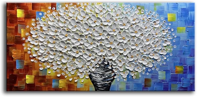 YaSheng Art- 3D Thick Texture White Floral Canvas Wall Art Oil Painting on Canvas Handmade Abstract Floral vase Artwork Home Modern bedroom Dining Room Office Decor Wall Art Ready to Hang 24x48