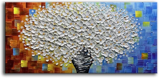 YaSheng Art- 3D Thick Texture White Floral Canvas Wall Art Oil Painting on Canvas Handmade Abstract Floral vase Artwork Home Modern bedroom Dining Room Office Decor Wall Art Ready to Hang 24x48