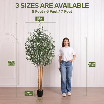 7FT Olive Tree Artificial Indoor Faux Plant - Tall Fake Silk Tree, Natural Trunk, Easy Maintenance Fake Tree Home Decor - Large Indoor Plant for Living Room, Office, Modern Home,VN356