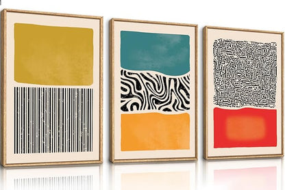 HLNIUC Large Mid Century Modern Wall Art Framed 24x36, Boho Abstract 3 Piece Canvas Decor, Mcm Vintage Bohemian Color Block Painting, Geometric Line Art Print for Living Room, Bedroom, Office
