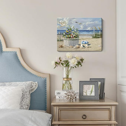ARTZON Beach Wall Art Decor – Coastal Blue Ocean Seascape Canvas Print, Birds Seagulls Tropical Flowers Modern Landscape Picture for Bathroom or Bedroom Relaxing Summer Sea Scene Artwork 16x12 inch
