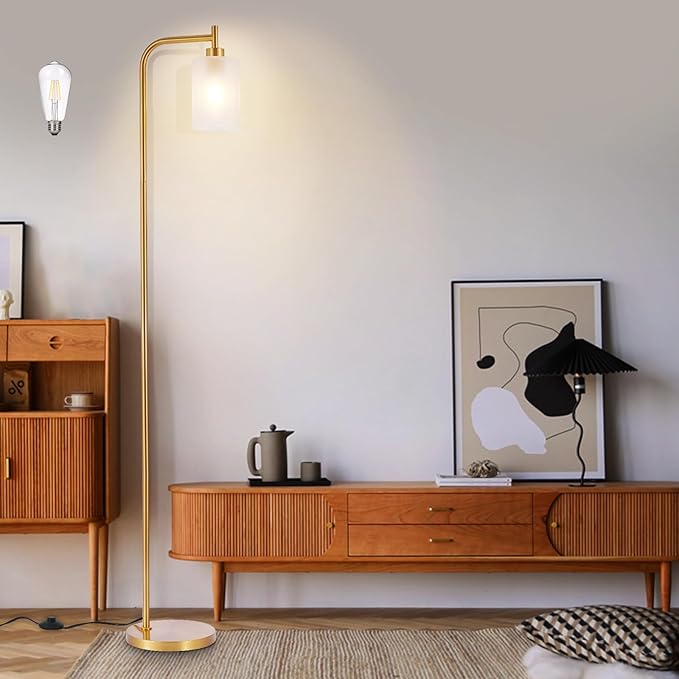 DLLT Floor Lamp Tall for Room: Gold Standing Lamp with Frosted Glass Lampshade for Living Room - Modern Bright Lamp for Bedroom - Industrial Corner Floor Lamps for Office 8W Led Bulb Included