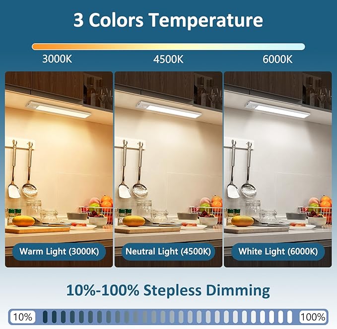Ascher Under Cabinet Lights, Motion Sensor Light with 3 Colors, 2000mAh USB Rechargeable Closet Light, Magnetic Dimmable Under Counter Lights for Kitchen, Stairs, Wardrobe, Silver, Pack of 1