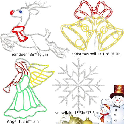 Christmas Decorations - 16" Christmas Window Silhouette Lights - 4 Pack Colour Lighted Snowflake & Angel & Reindeer & Bell for Holiday Indoor and Outdoor Wall Door Window Decorate