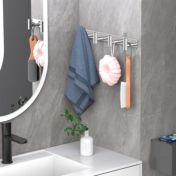 Wall Mounted Coat Rack-4 Hooks, Heavy Duty Stainless Steel Wall Hooks for Towel Coat Bag, Hat Rack Coat Hanger Coat Hooks Towel Racks for Bathroom Entryway Kitchen Hotel (Silvery, 1 Pack)