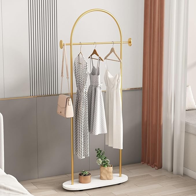 Gold Clothing Racks Heavy Duty, Gold Coat Racks Standing With Marble Base, Modern Coat Racks for Hanging Clothes, Clothing Racks for Boutique, Office