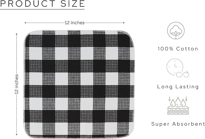 Waffle Weave Plaid Dish Cloths, 100% Cotton - 12 x 12 Inches, Ultra Soft Absorbent Quick Drying Dish Towels Buffalo Check Dish Rags for Kitchen, 6 Pack - Fall Thanksgiving- Black and White