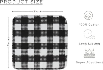 Waffle Weave Plaid Dish Cloths, 100% Cotton - 12 x 12 Inches, Ultra Soft Absorbent Quick Drying Dish Towels Buffalo Check Dish Rags for Kitchen, 8 Pack - Fall Thanksgiving - Black & White
