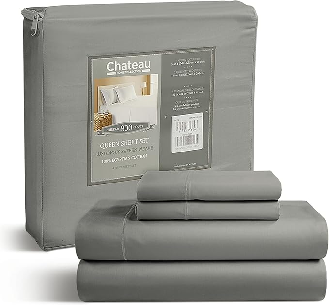 Egyptian Cotton Sheets Full Size Bed Set Deep Pockets, 800 TC Cotton Full Sheet Set, Soft Breathable Sateen Weave Elasticated Sheet & Pillowcase Sets, No Pill & Shrink, Machine Washable - Silver