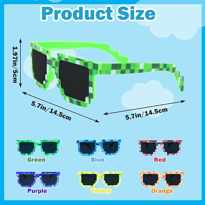 36 Pack Pixel Sunglasses Bulk, 6 Colors Pixelated Mosaic Gamer Glasses Party Favors, Gamer Robot Pixelated Sunglasses for Kids Adults Boys Girls Birthday Photo Props Party Supplies