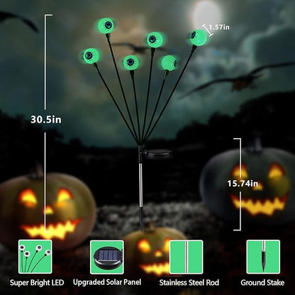 4 Pack Solar Halloween Lights Outdoor, Solar Eyeball Lights, 24 LED Green Eyeball Swaying Light with 2 Lighting Modes, Waterproof Outdoor Halloween Decorations for Walkway Yard Lawn Horror Party