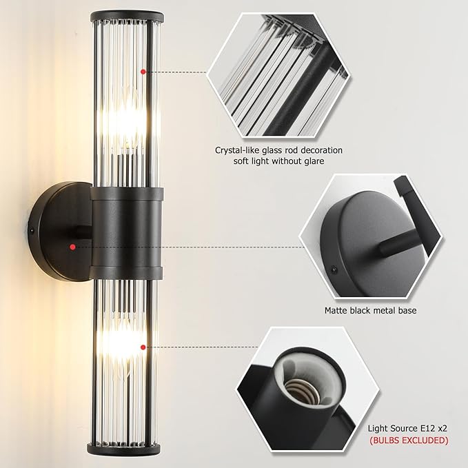 JOOSENLUX Black Vanity Light, Set of 2 Bathroom Sconces with E12 Base and Glass Rod Design – Modern Bathroom Vanity Light Fixture for Mirror, Powder Room, Bedroom, Hallway