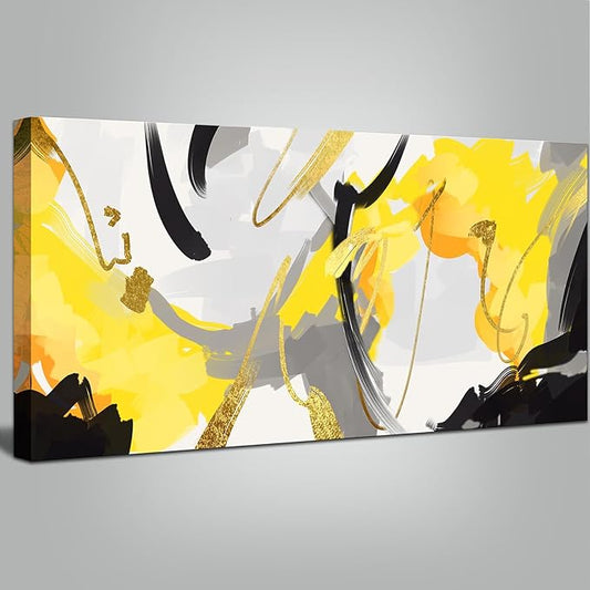weiyiart Abstract Yellow and Black Canvas Wall Art Bold Modern Print Painting Fluid Picture Artwork for Contemporary Living Room Bedroom Office Decoration 24"x48"