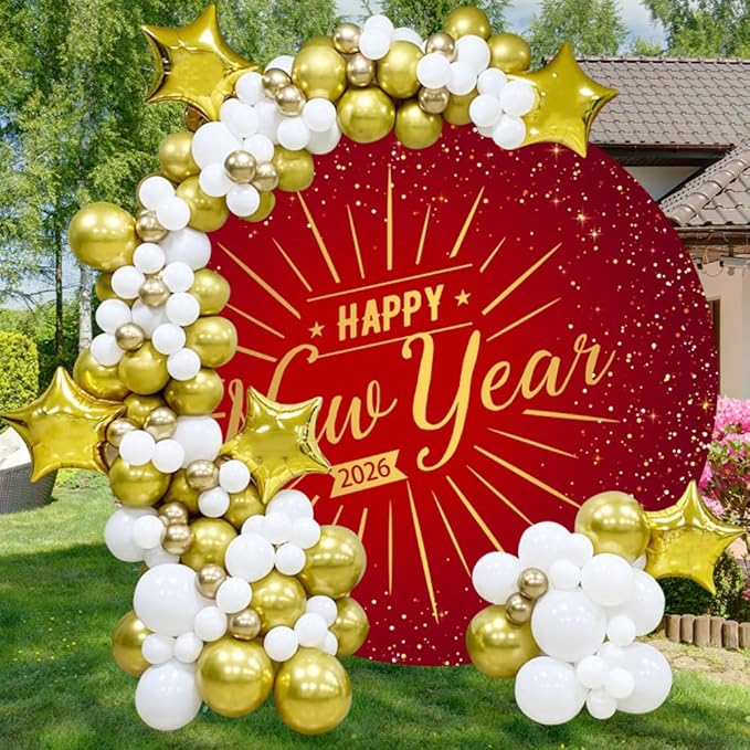 Leowefowa Happy New Year Round Backdrop Cover Red 2026 New Year Circle Background Red and Gold Sequins Glitter Dot New Years Eve Celebration Festival Party Banner Decor Photo Studio Props 7.2x7.2ft
