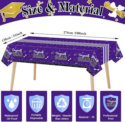 chiazllta Graduation Party Decorations Gongrats Grad Tablecover Graduation Tablecloths for 2025 Graduation Party Supplies Class of 2025 Party Supplies Large Size Plastic 54"x108" （Purple）