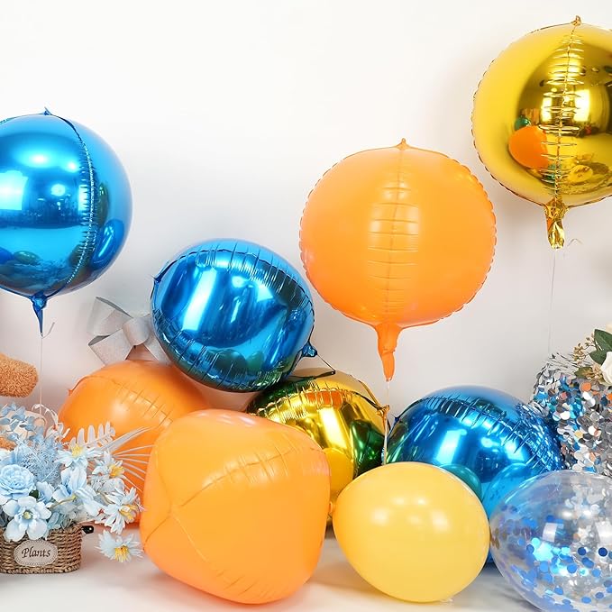 Orange Blue Gold Round Foil Balloons 9 pcs,Metallic Giant 4D Round Balloons 22 Inch for Kids Boys Birthday Party Decorations Baby Shower Graduation Party Supplies